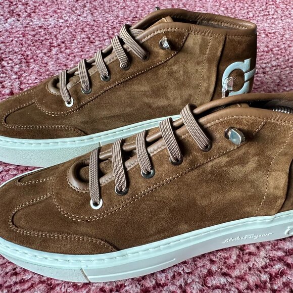 Salvatore Ferragamo Brown Suede Angel Mid-Top Sneakers Size 7M - Picture 1 of 6